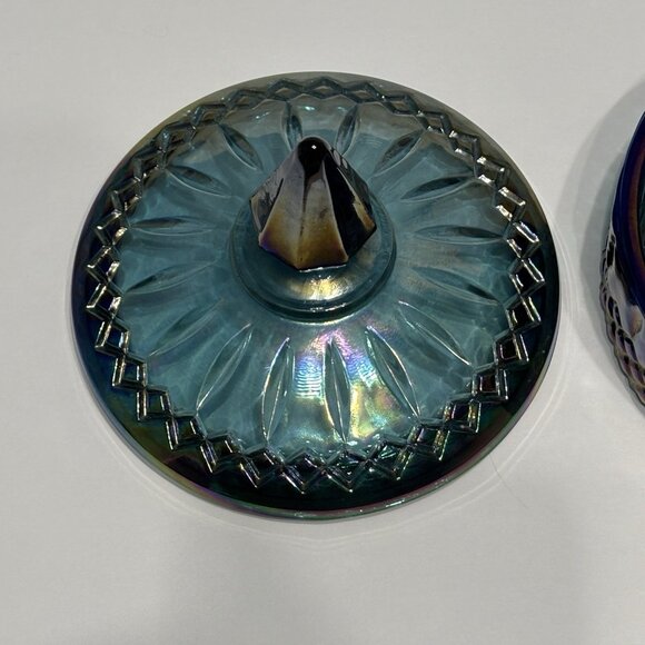 Vintage Indiana Glass Iridescent Blue Candy Dish With Lid Princess Pattern - Picture 7 of 12